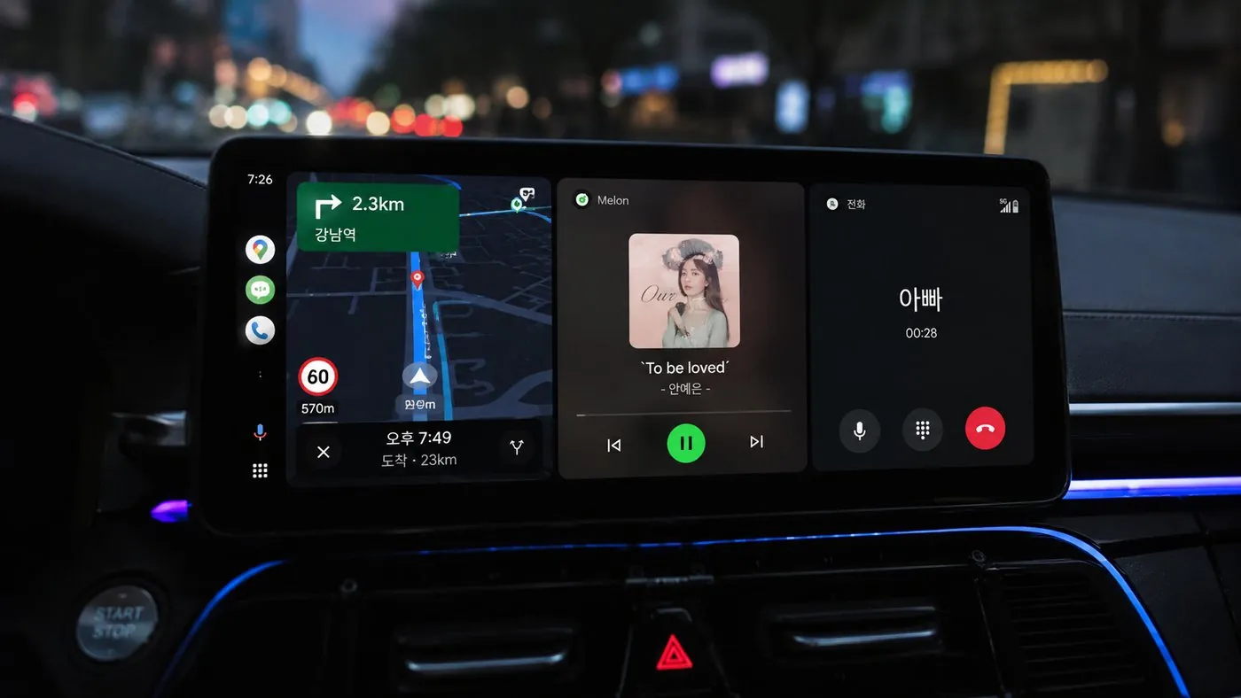 차량 디스플레이에 안드로이드오토 내비게이션·음악·통화 화면이 동시에 표시된 모습