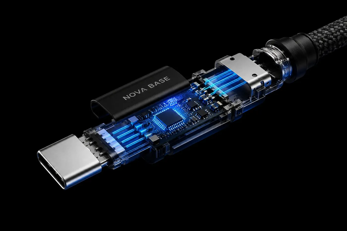 USB-C 커넥터 내부의 E-Mark 칩과 데이터 라인이 보이도록 투시한 이미지