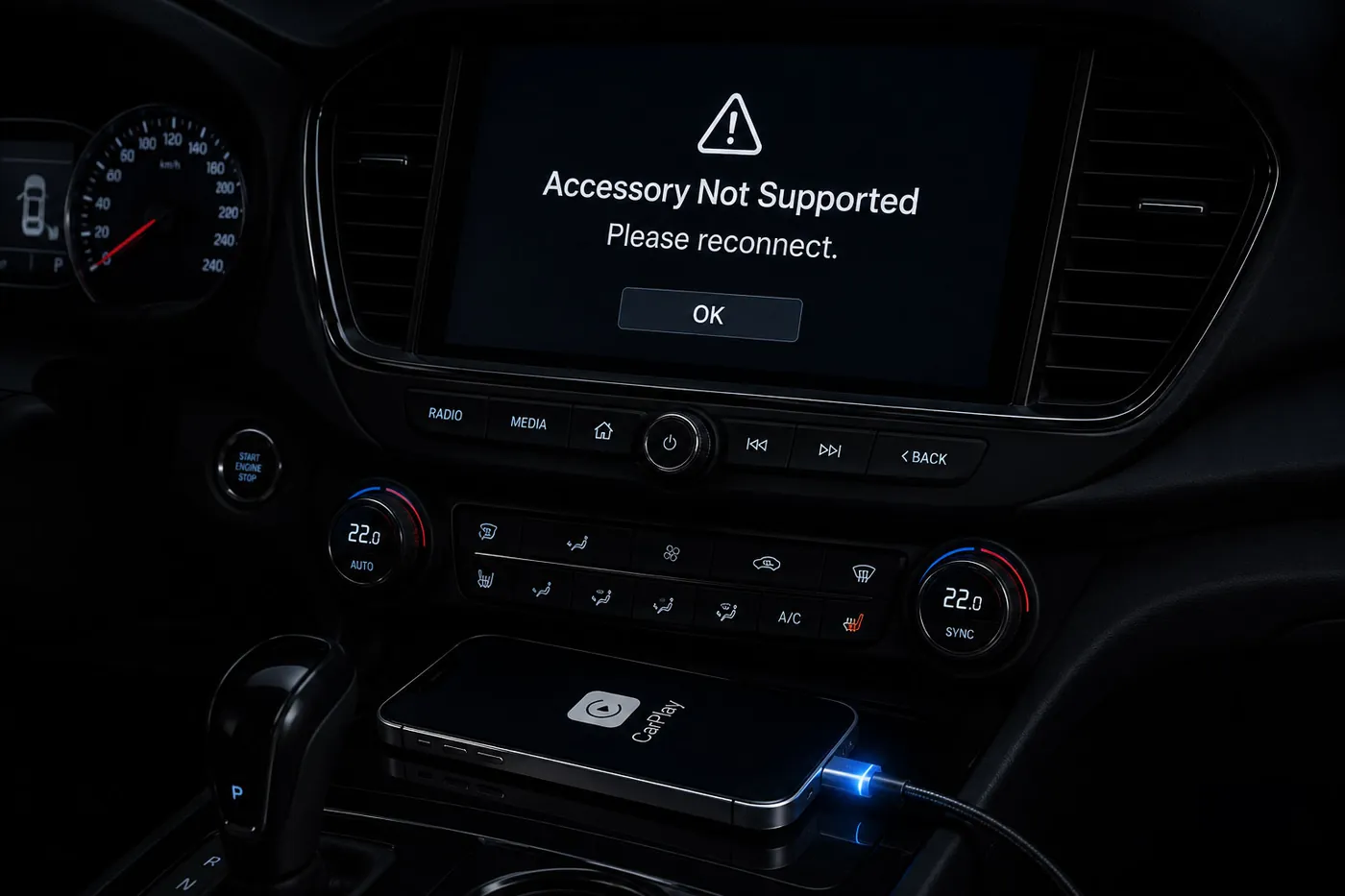 차량 디스플레이에 Accessory Not Supported, Please reconnect 오류 메시지가 표시된 모습